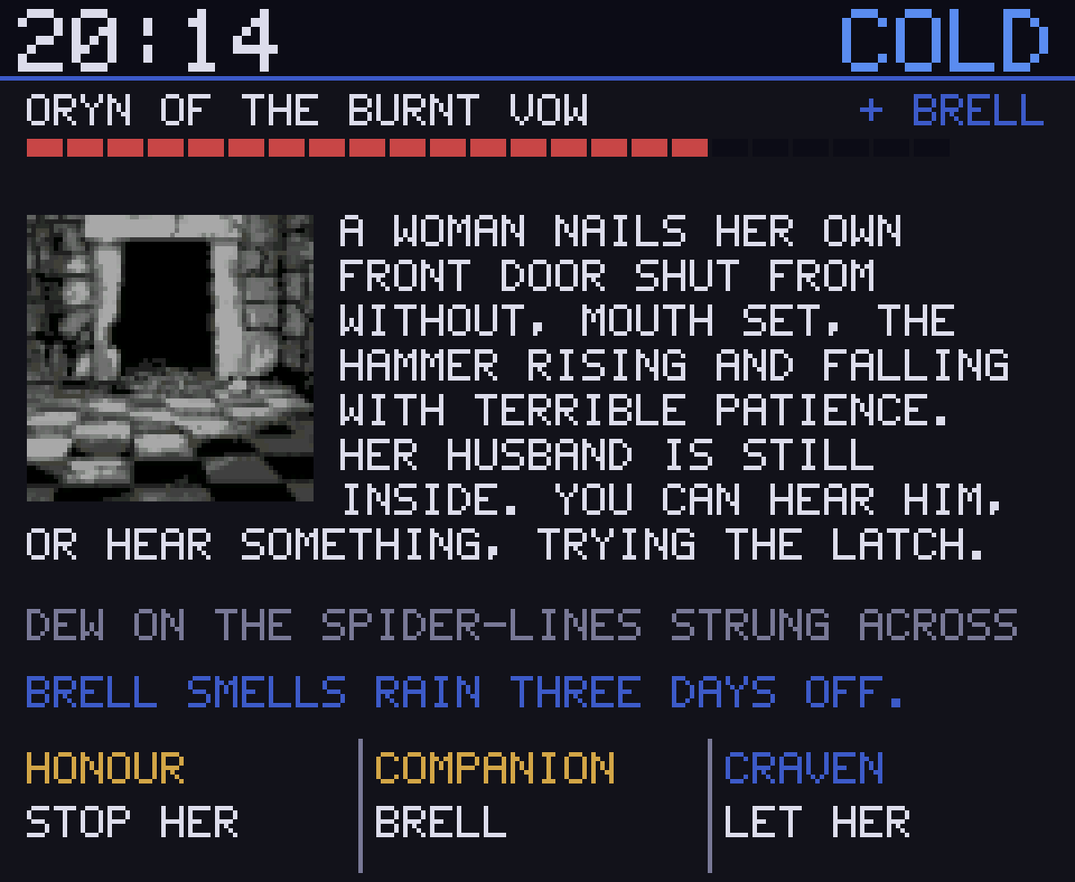 The Vigil — an encounter: a woman nailing her own door shut