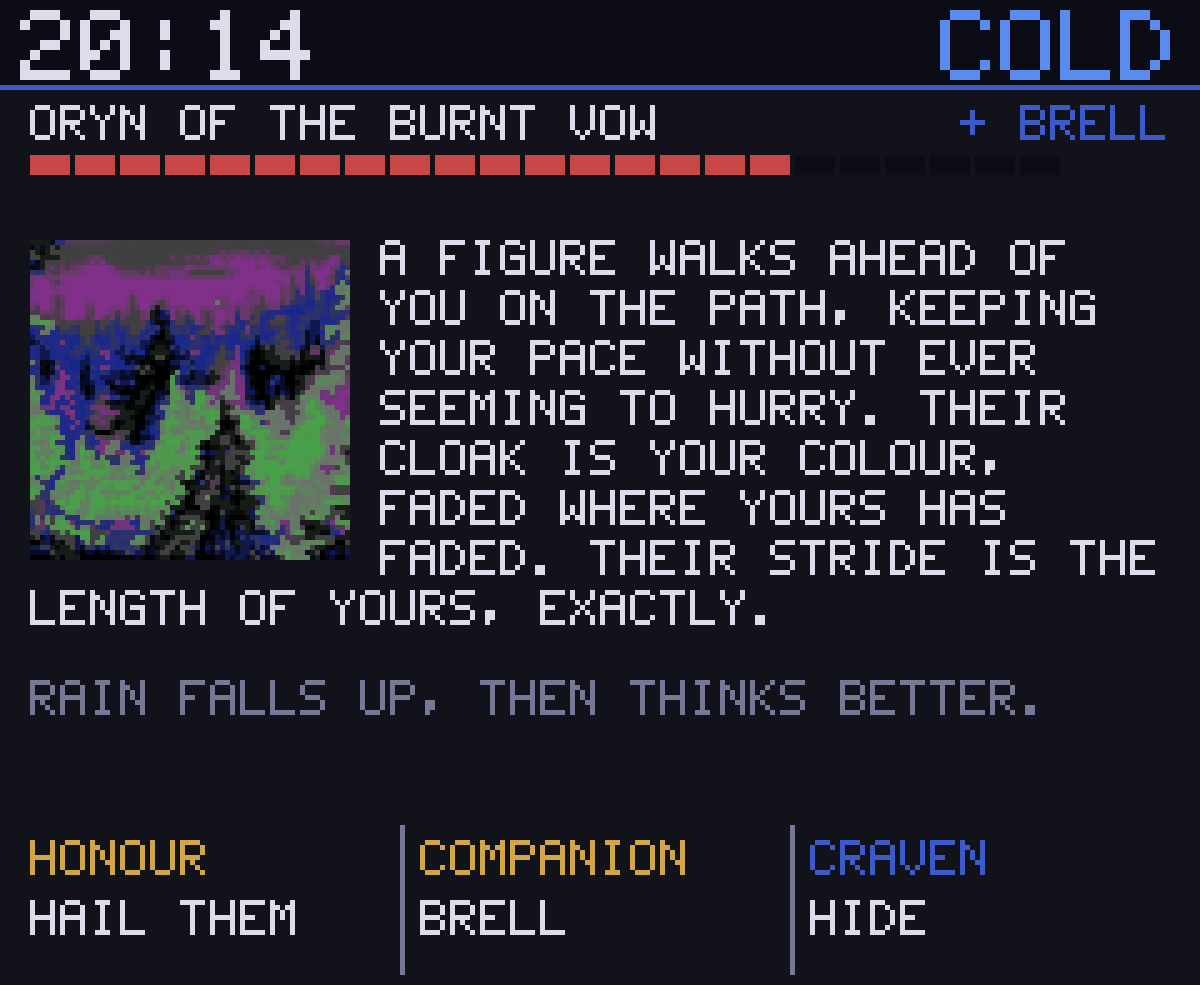 The Vigil — an encounter: a cloaked figure on the path